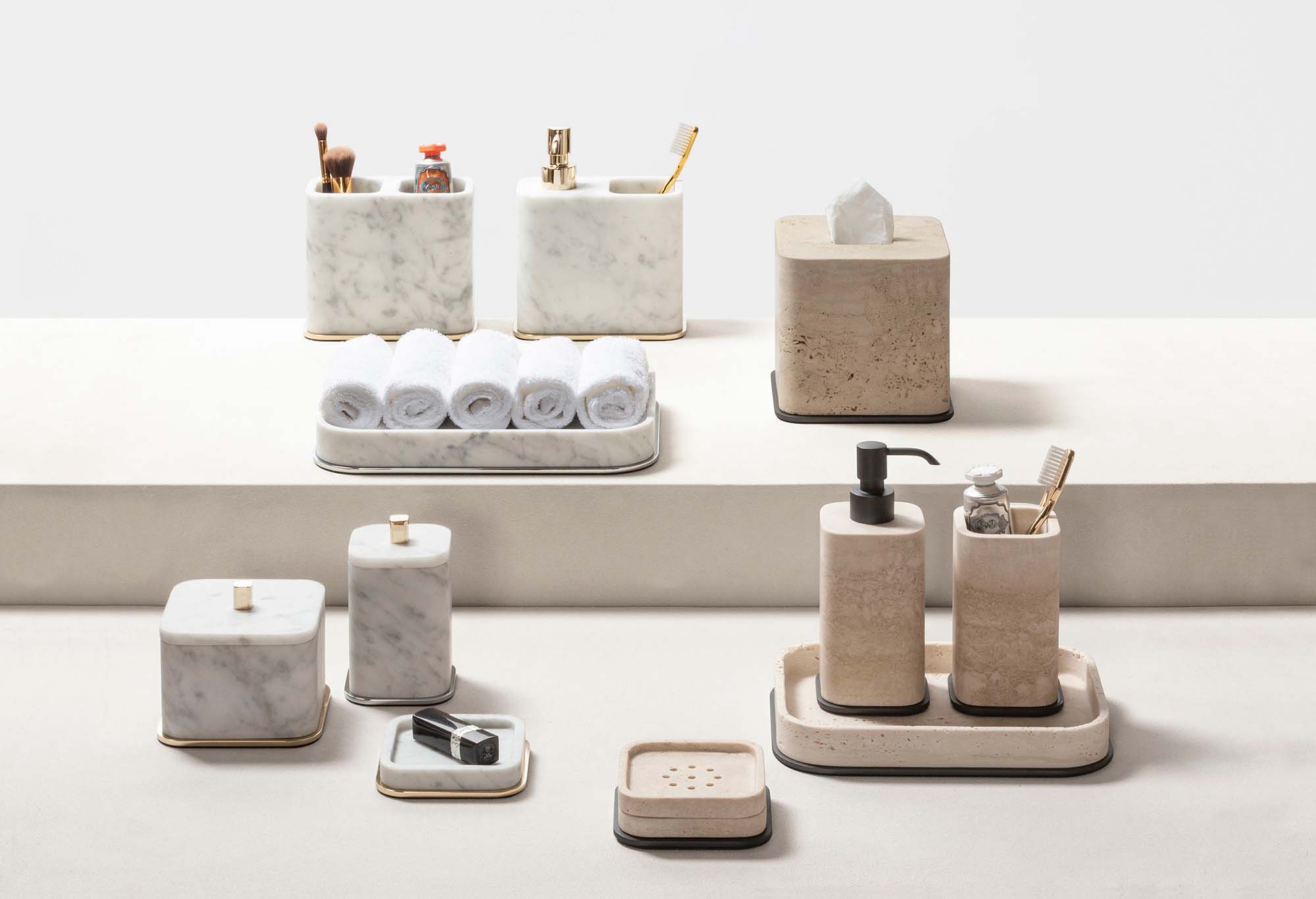 Polo marble bathroom set showing Arabescato White and Travertine marble finishes