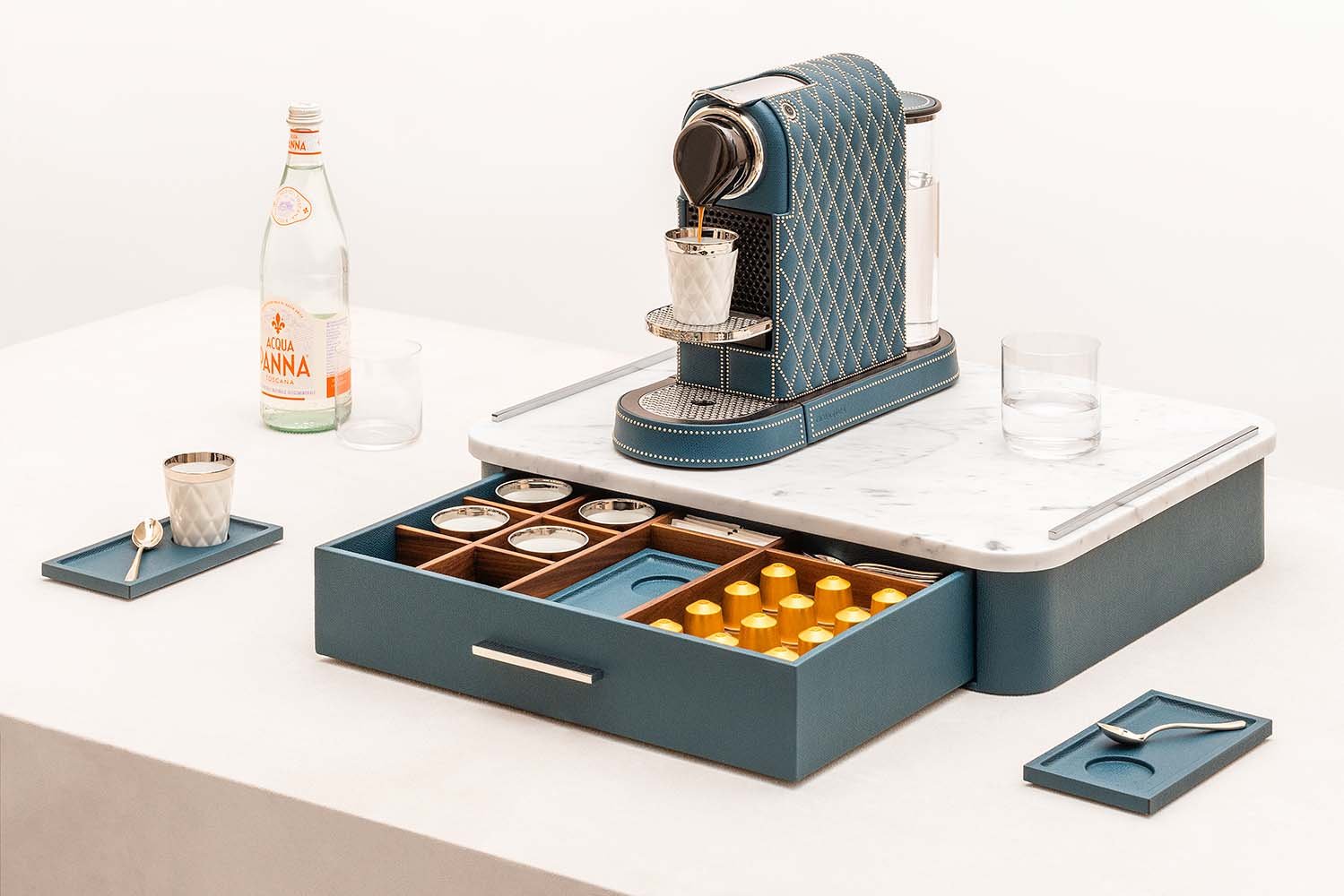 Saint-Germain marble-topped coffee & tea organiser draw pictured with leather-covered Nespresso coffee machine, by Giobagnara